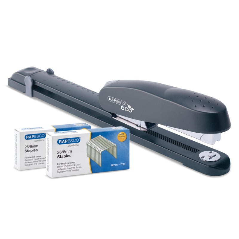 Rapesco 1281 ECO Long Reach Stapler with 10.000 Staples, Type 26 Standard 5/16", 50 Sheet Capacity, Front Loading, Full Strip, Uses Type 26 Standard and Type 24 High-Capacity Staples, Charcoal - Image 1